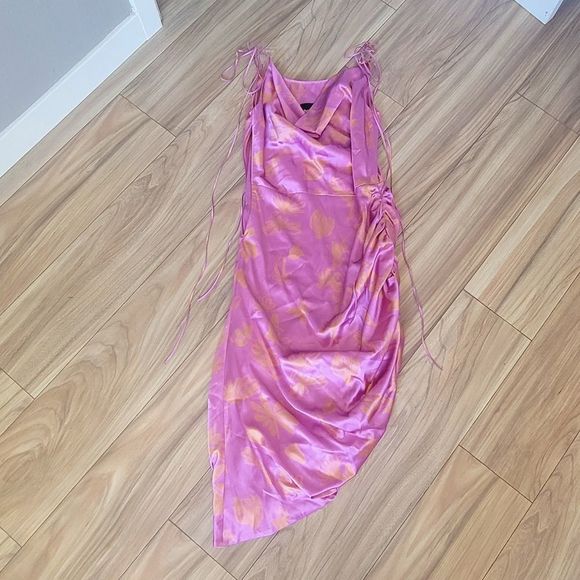 Bogdar Queeny Ruched Silk Stretch Satin Midi Slip Dress in Pink Floral - Picture 6 of 13